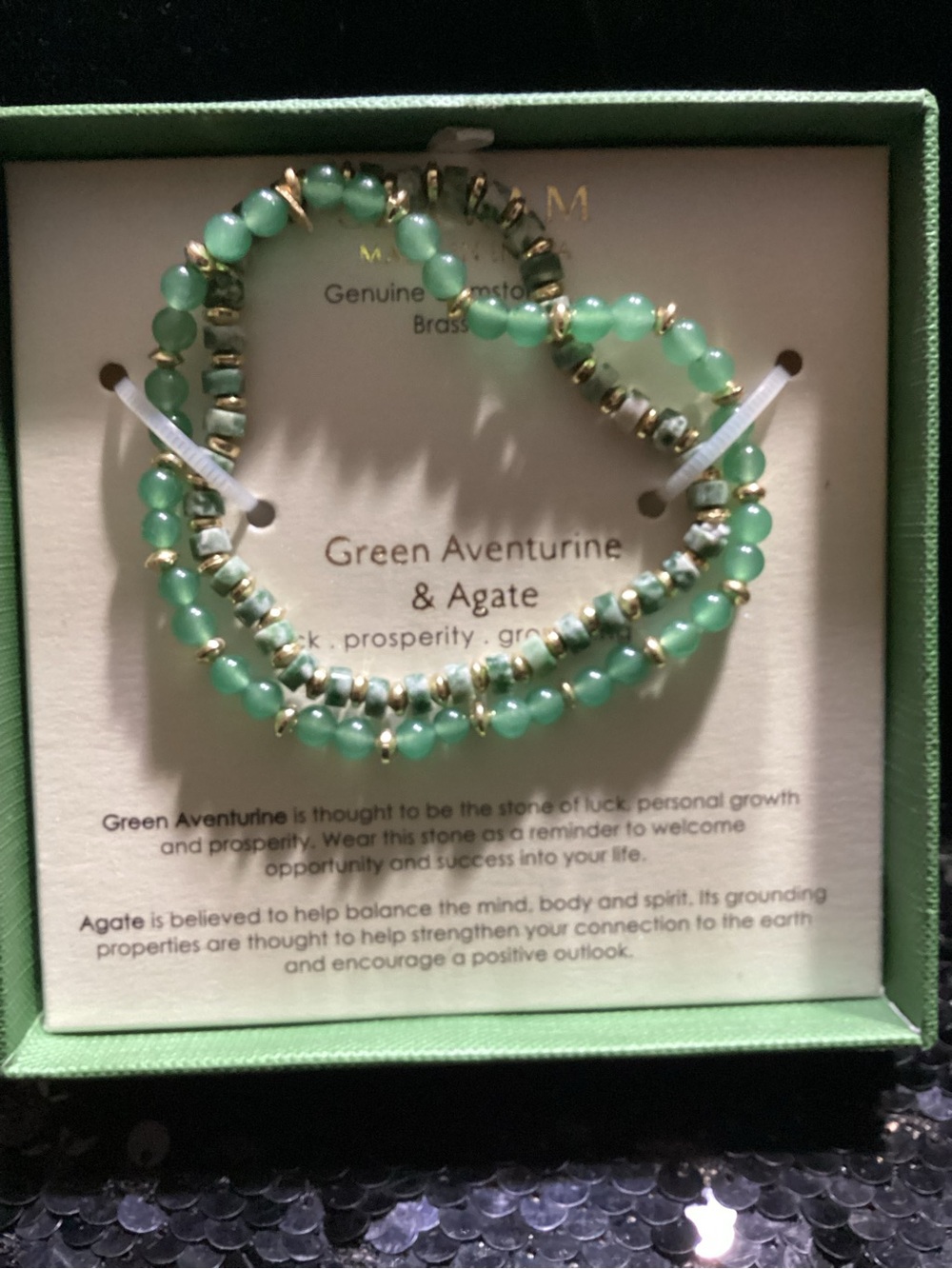 Green Aventurine & Agate Stretch Bracelet with Gold Accents - Green